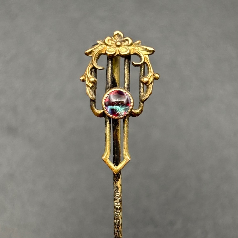 Vintage Dragon's Breath Stick Pin Gold Tone Shield Shape Floral 2.72 in